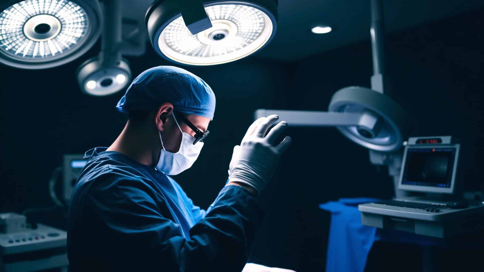 Arzt in Operationskleidung bei der Vorbereitung auf einen medizinischen Eingriff im Operationssaal